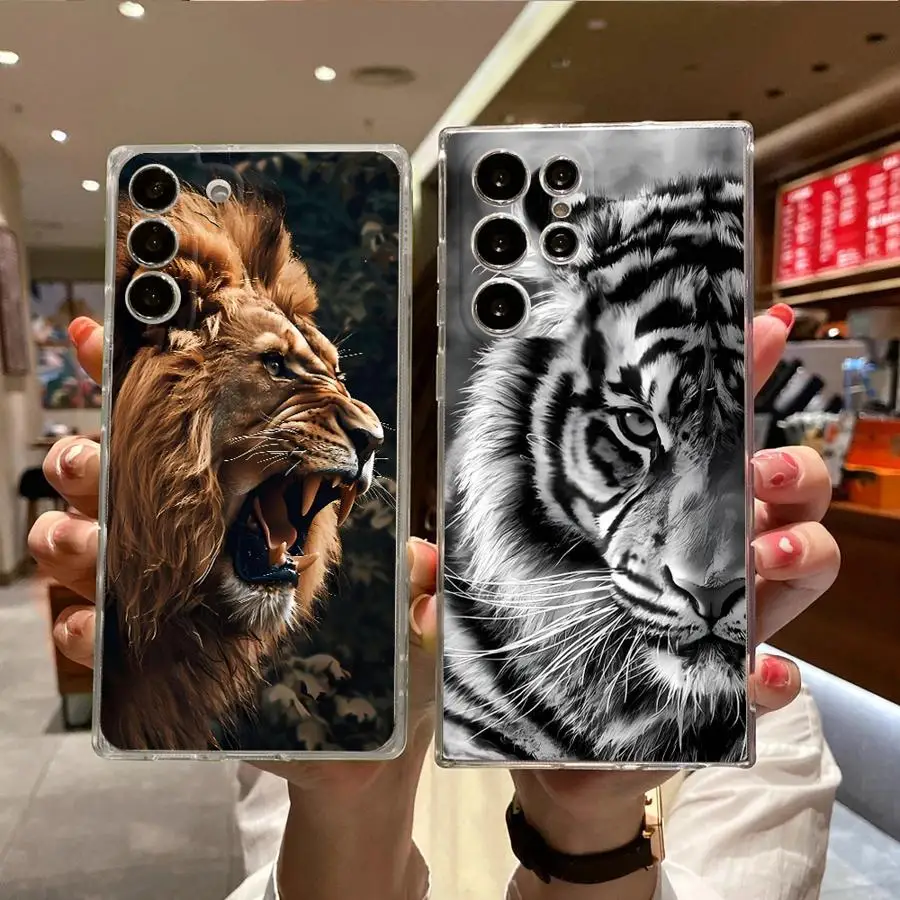 サムスン Galaxy S24 FE S20 S10 Plus S21 Note 10 20 Ultra S23 S25 Ultra S22用 タイガーライオンケース クリアカバー