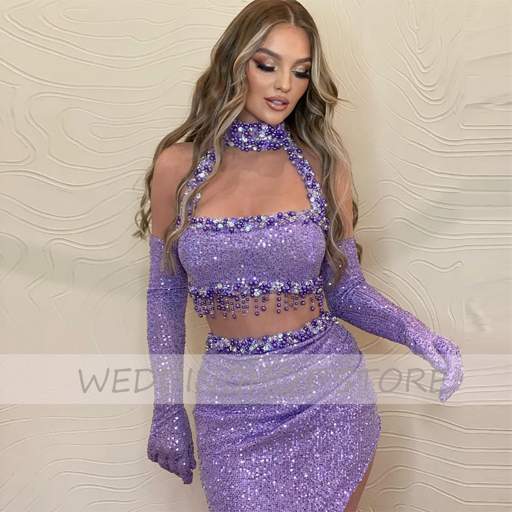 Purple Sequin Prom Dress Mermaid High Collar Sleeveless Sexy  Gown Long Crop Top Side Slit Luxury   for Women 2023