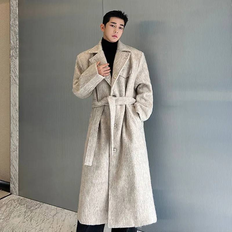 SYUHGFA Turn-down Collar Male Woole Coat Korean Fashion Knee Length Trench Quilted Thickened Men's Outerwear Spring 2024