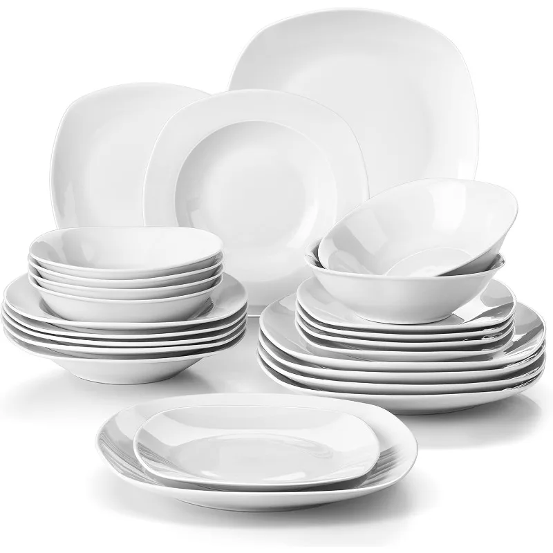 24 Pieces Porcelain Square Plates, Grey White Ceramic Plates Set for 6, Chip and Anti-scratch Plates and Bowls Set