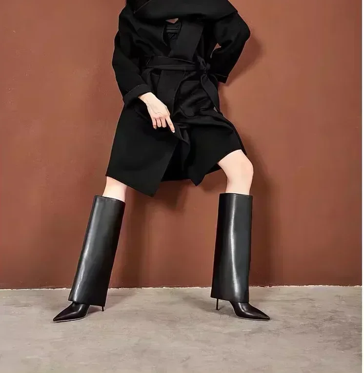 Bottes en cuir au genou pour femmes, bottes mi-longues, jupe à talon aiguille pointu, noir, mode, automne, hiver, nouveau, 2024