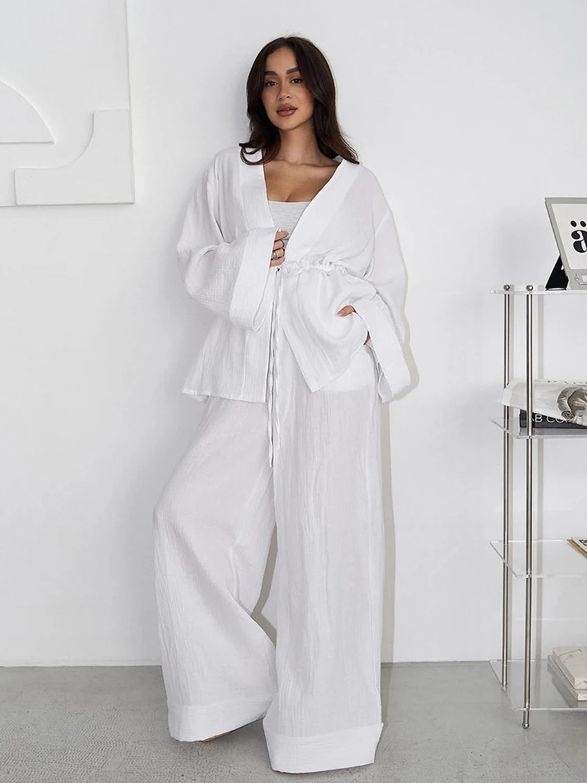 

Marthaqiqi Casual Women Nightwear Suit Long Sleeve Robe V-Neck Sleepwear Lace Up Nightie Pants Cotton Winter Ladies Pajamas Set