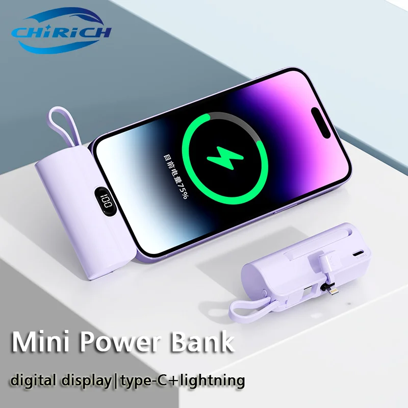 Mini 5000mAh Power Bank For iPhone Fast Charger Build-in Cable External Spare Battery Portable Powerbank For Mobile Phone