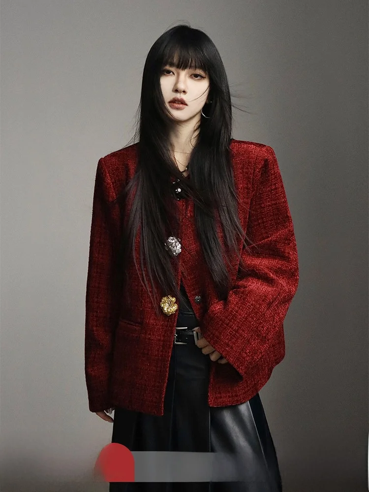 

Thiened Ретро винно-красный твидовый стеганый твидовый жакет женский осенне-зимний новый модный корейский прямой крой пуховик Du