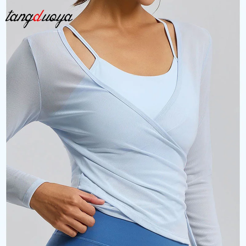 Sports T-shirt Mesh Breathable Yoga Suit Cross Cover Long Sleeve Running Training Fitness Top for Active Wear Sports Bra