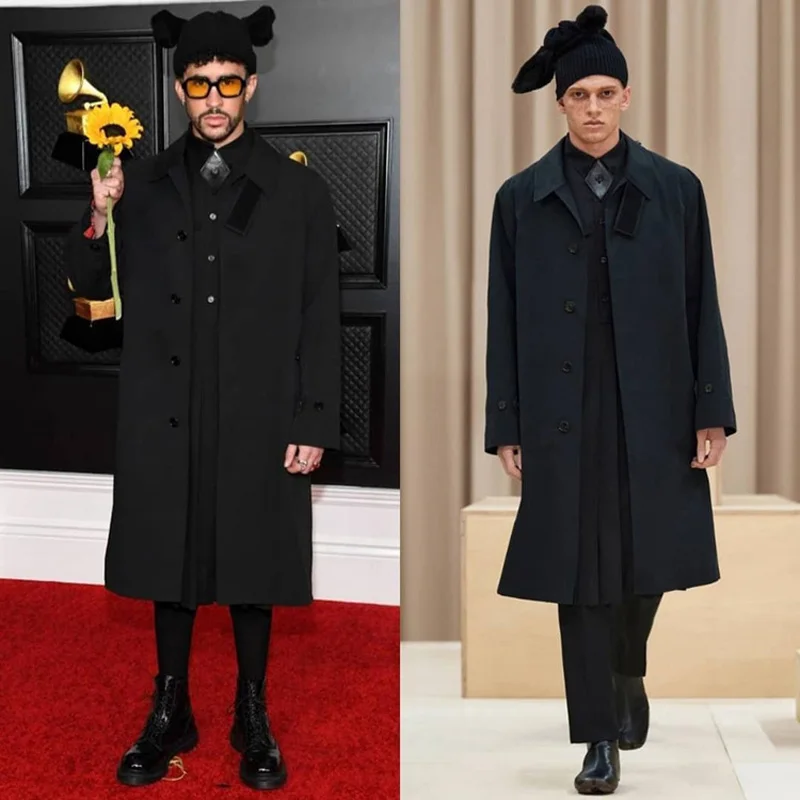 

YANGHAOYUSONG homemade Mei Mei's Homemade Grammys 2021 Bad Bunny Black chaqueta de lana hombre long coat men