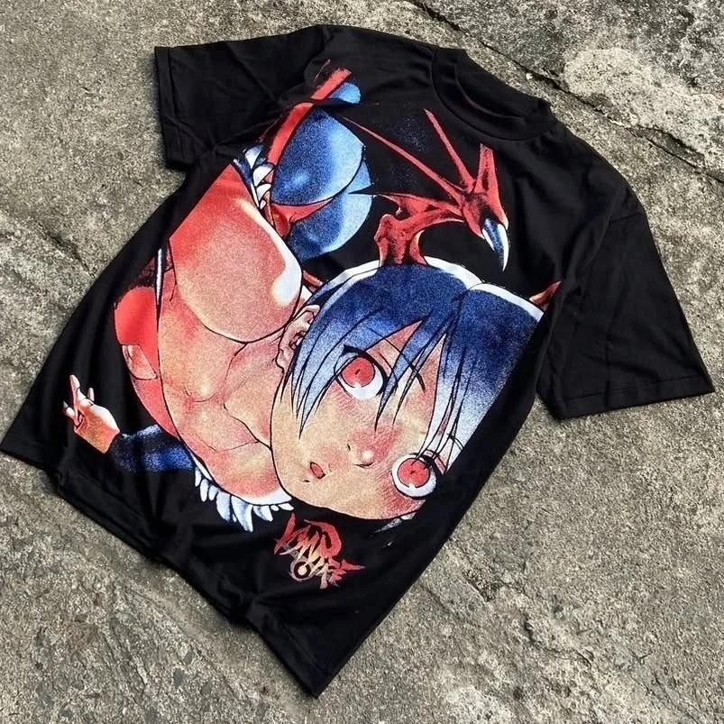 Vintage Darkstalkers Lilith Fighting Game Anime Graphic Tee Cotton Mens Womens T-Shirt Summer Streetwear
