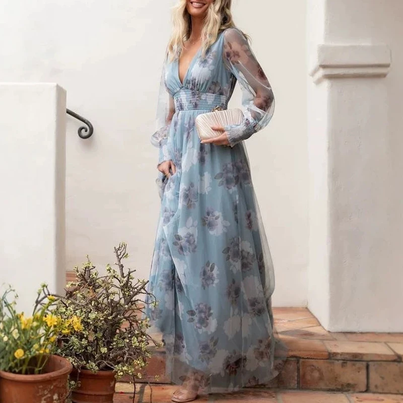Robe de soirée élégante à col en V profond et manches lanternes, robe plissée en maille de style A, robe vintage à imprimé floral et taille haute