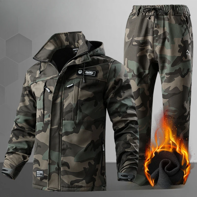 Winter Camouflage Set Men Windproof Outdoor Assault Tactic Uniform Multi Pocket Hooded Warm Wear Resistant Labor Protection Suit