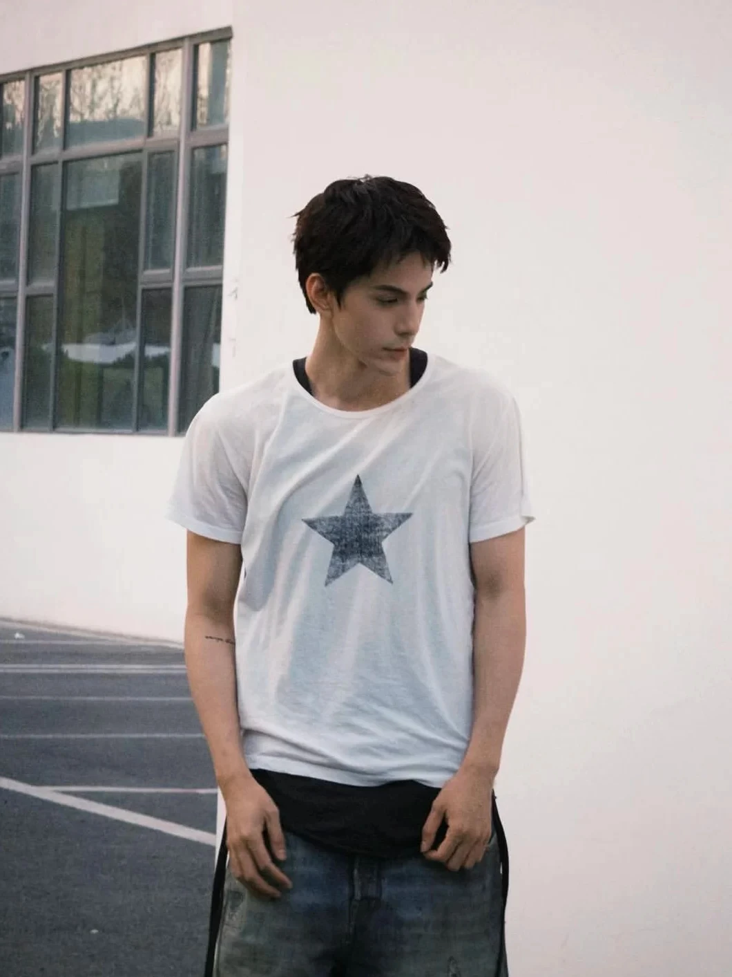 SS26 Dark Avant-Garde Star Print Ribbon Washed Distressed Oversized Vintage Short Sleeve T-shirt