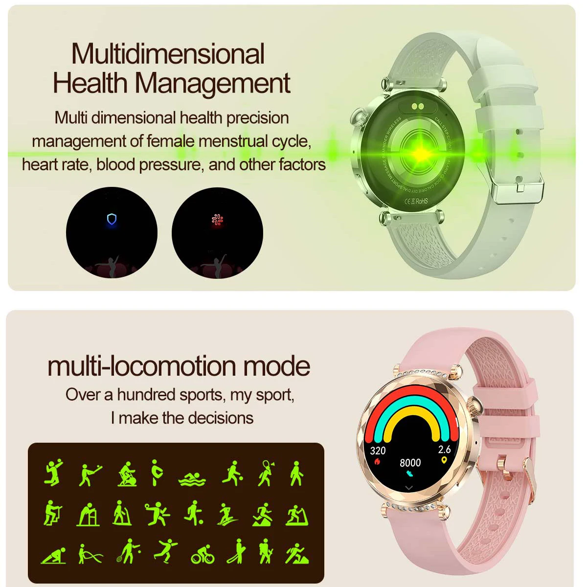 Relojes inteligentes con llamada de diente azul a la moda, pantalla AMOLED de 1,19 pulgadas, reloj inteligente deportivo con ritmo cardíaco para mujer, reloj inteligente con música resistente al agua NFC