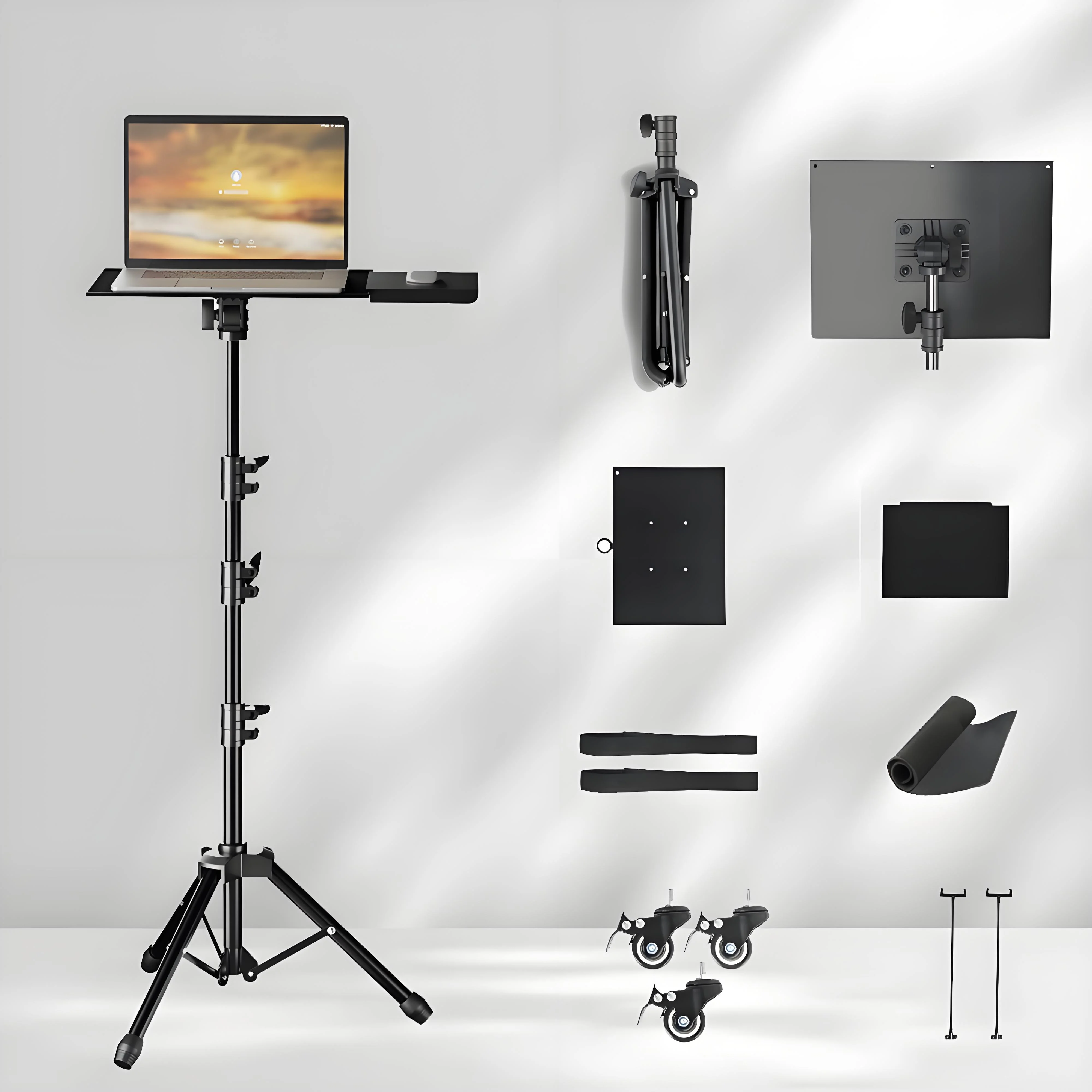 Projetor portátil suporte de chão altura ajustável projetor tripé com 2 prateleiras, portátil tripé sobre rodas com dois clipe
