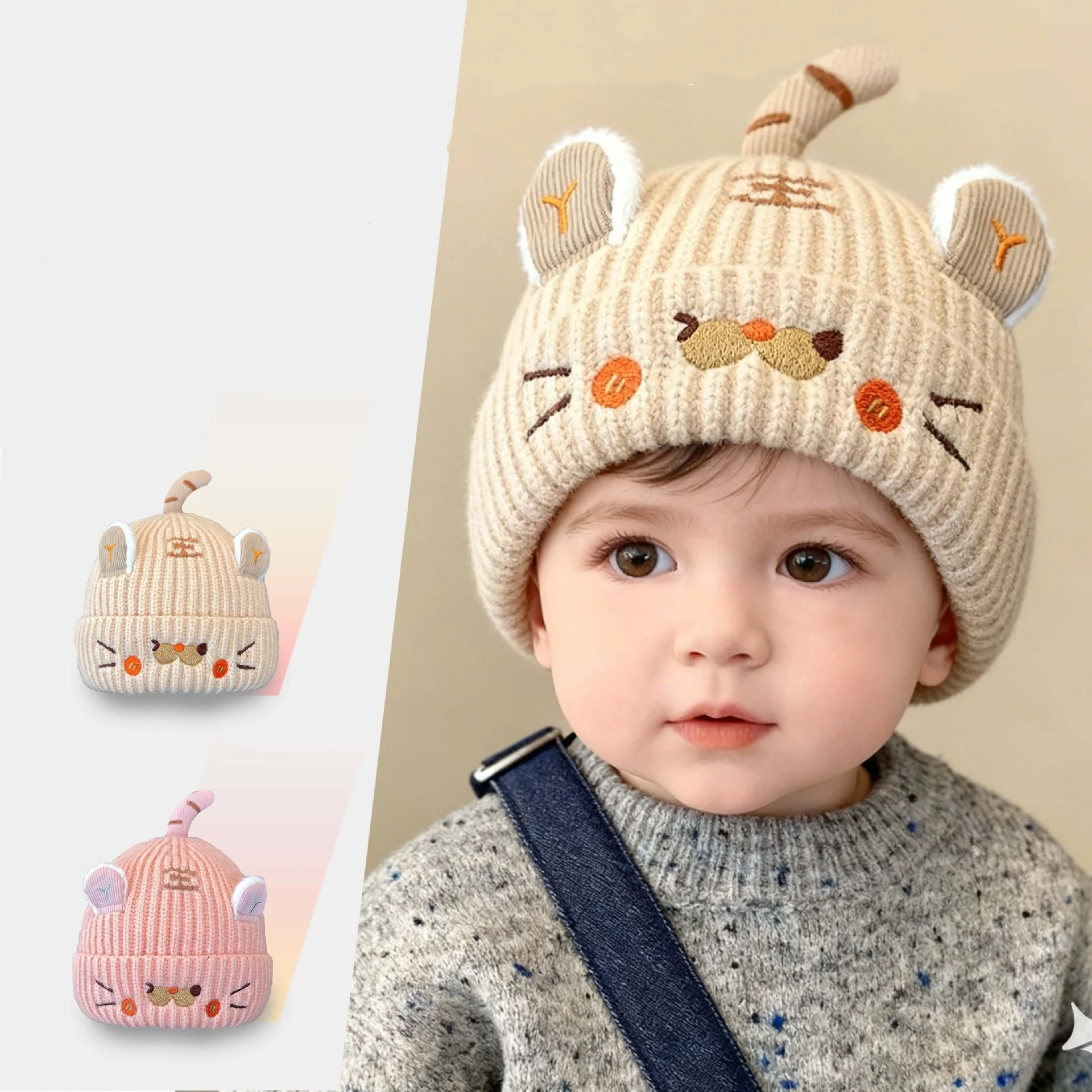 

Baby Knitted Hat Cartoon Tiger Super Cute Sweet Kids Crochet Beanie 0-12Month Boys Girls Winter Warm Woolen Toddler Pullover Cap