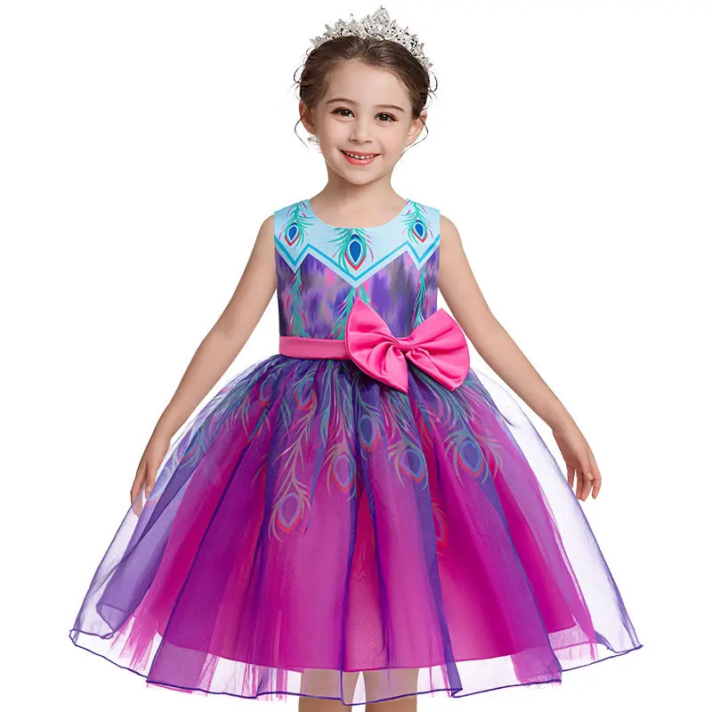 Iwaju Cosplay Costume For Girl Lace Dress 2024 Summer Kid Up Print Bow Feather Party Princess Tunic Child Frock