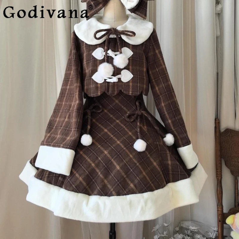 الإناث النمط الياباني لوليتا تنورة الدعاوى Bowknot شال كيب معطف الصوف منقوشة فستان بحزام مجموعة النساء الشتاء JK الزي الرسمي