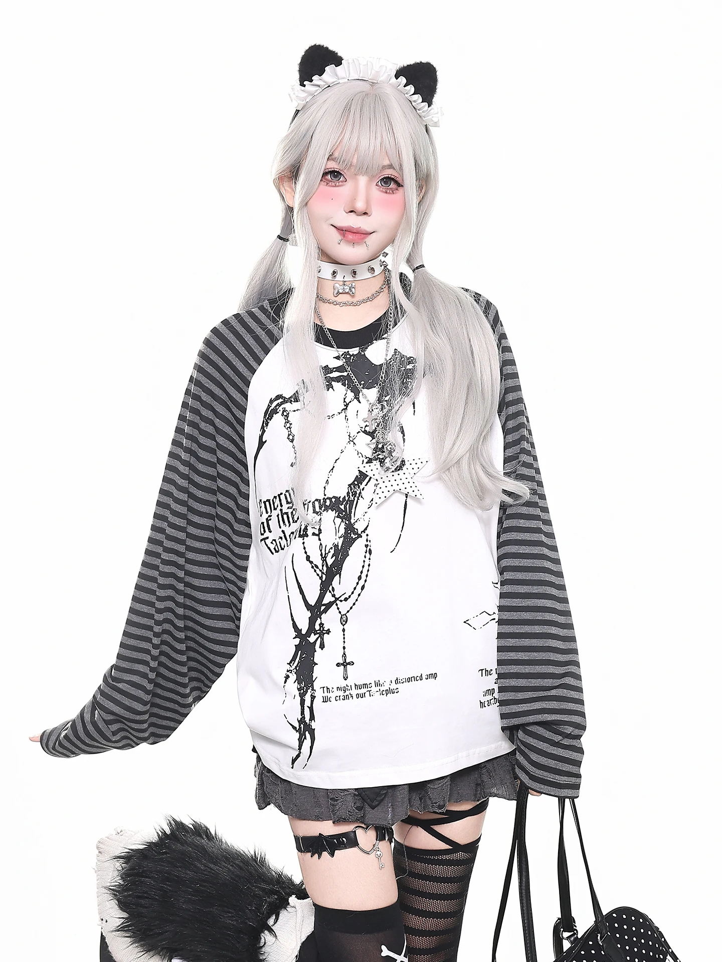 Gothic Stripe Color Block Long Sleeve T-Shirt Women Loose Shoulder Insert Design Autumn Dark Style Orange Jelly YO Subculture
