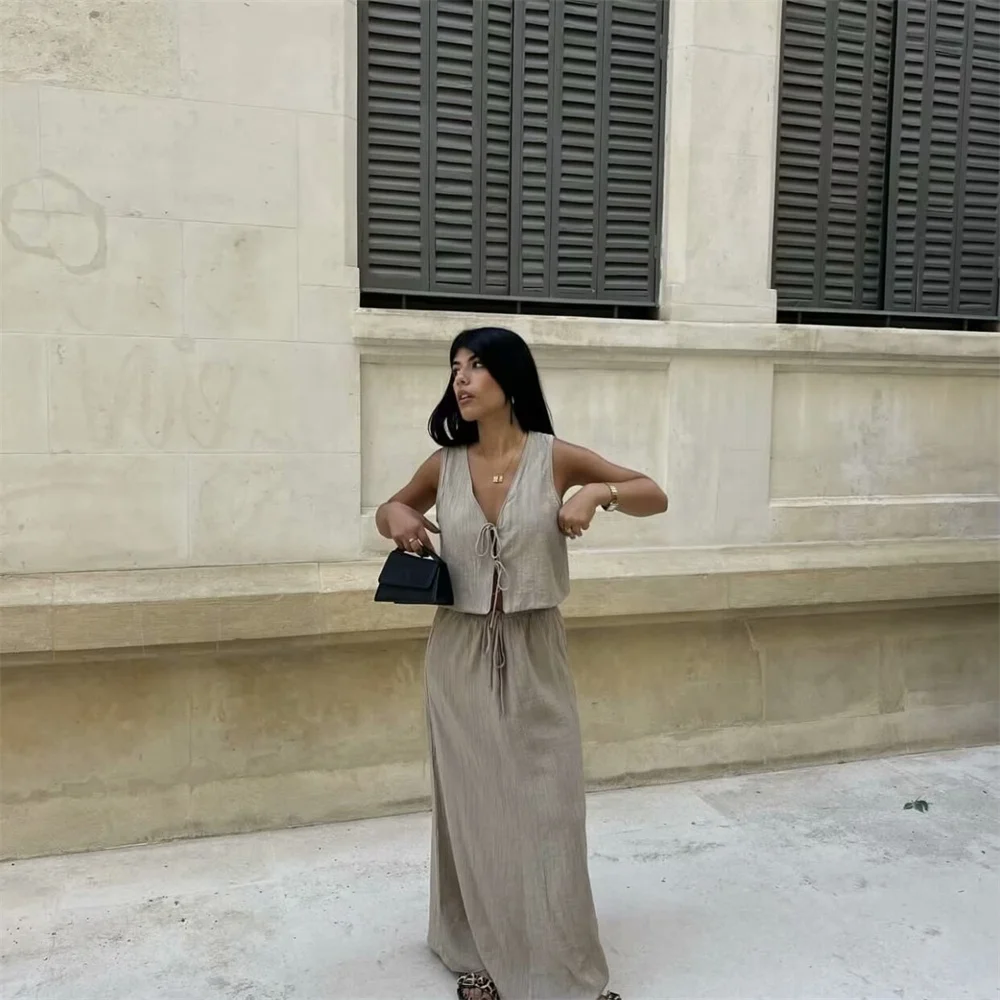 

Taop&Za 2024 Summer New Product Women's Fashion Casual V-neck Striped Folded Strap Vest Folded High Waist Skirt Set