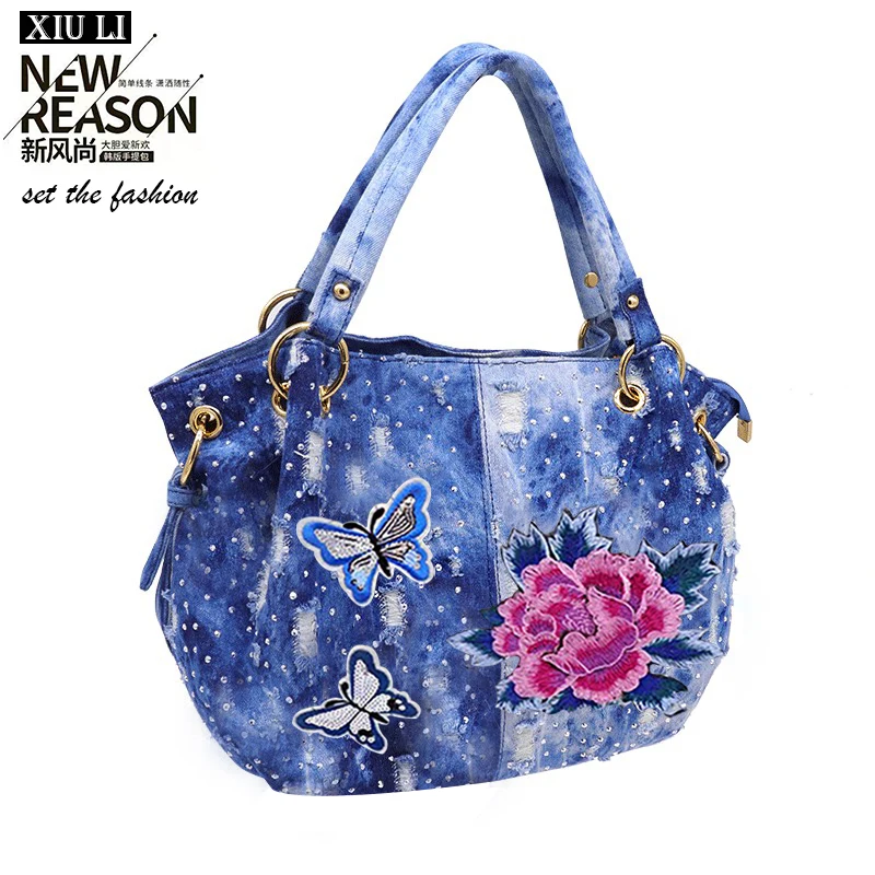 

XIU LI brand denim women handbag flower embroidery women designer shoulder high quality female Hobo bag tote washed denim bags