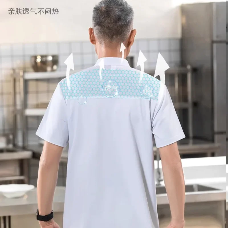 Neue hochwertige elastische Chef-Kurzarm-Arbeitskleidung Sommer dünne atmungsaktive Herren schwarz-weiße Catering-Kochkleidung