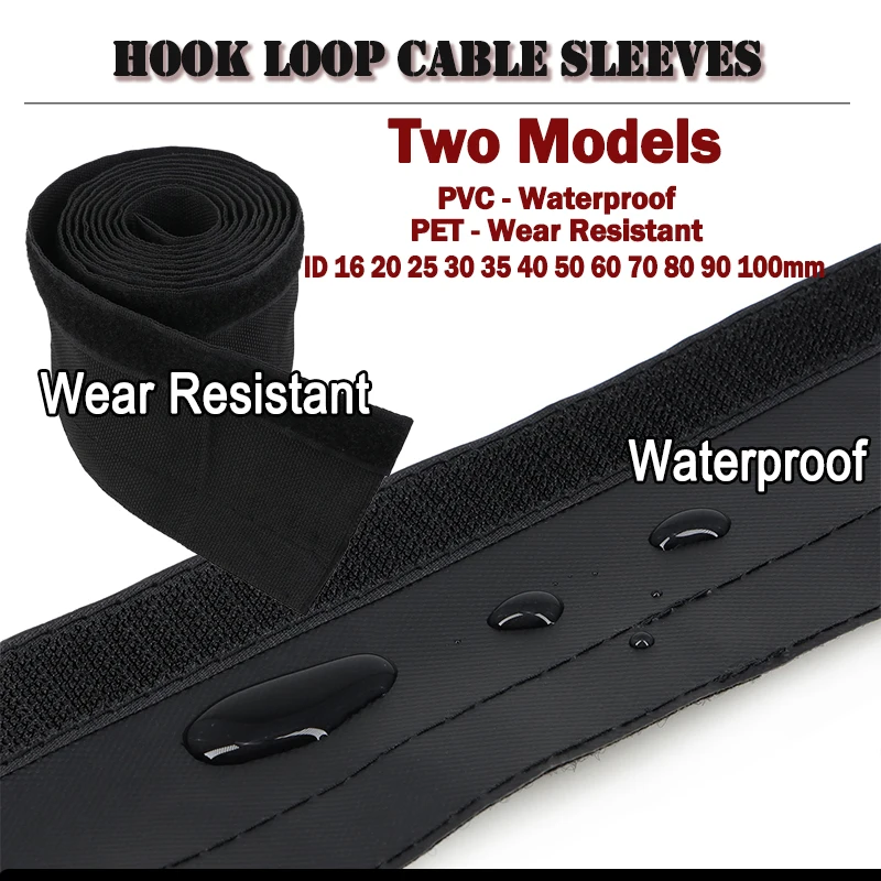 16mm - 100mm Hook Loop Cable Sleeve PVC Waterproof PET Wear Resistant Harness Wire Organizer Line Wrap Protector Cover Case