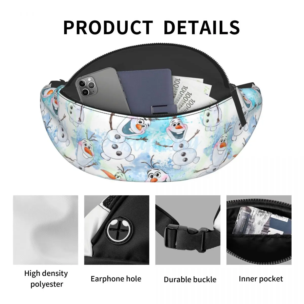 Custom Olaf Fanny Pack Women Men Casual Frozen Cartoon Crossbody Waist Bag for Travel Cycling Phone Money Pouch