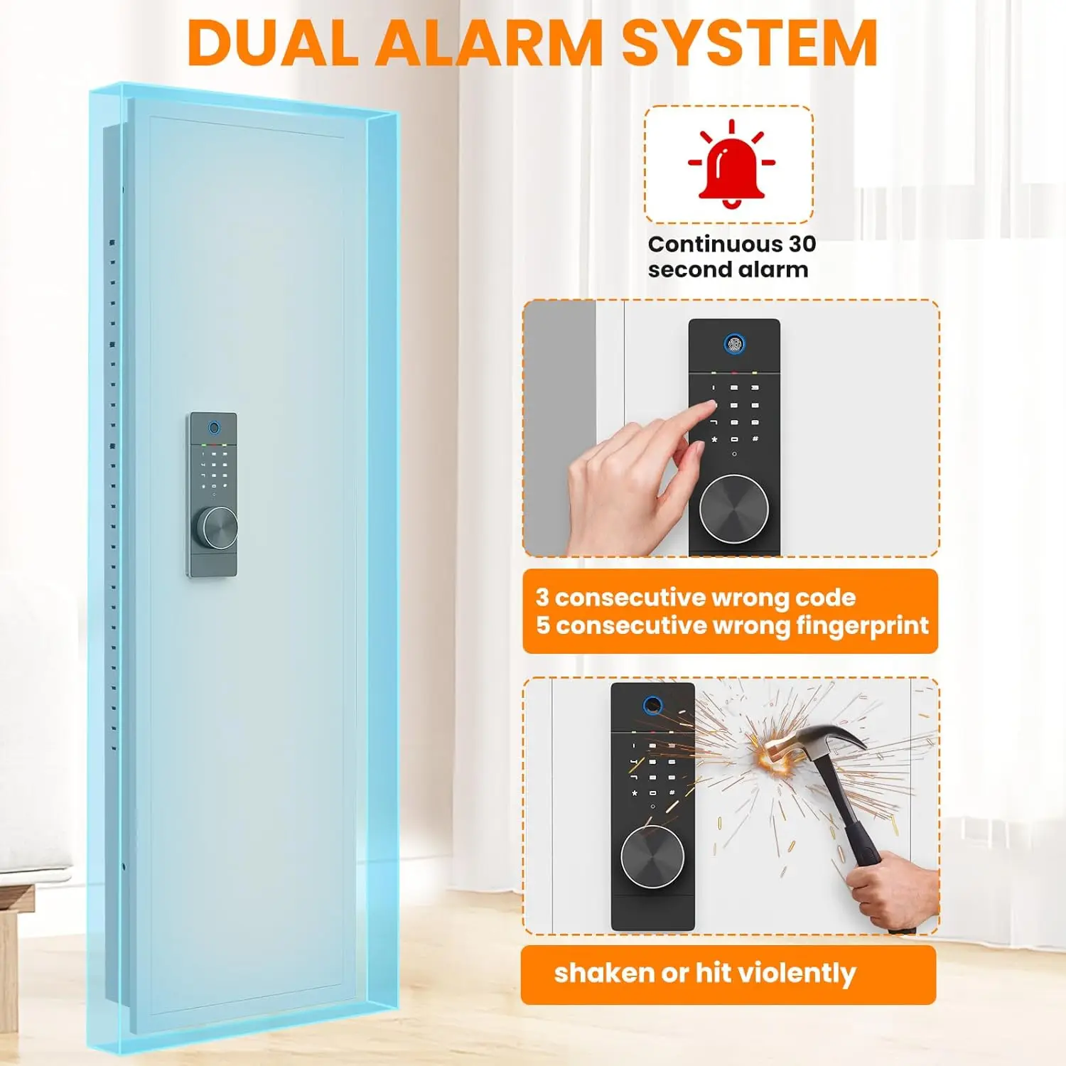 آمن جداري مقاس 53.15 بوصة بين الأزرار، آمن لبصمة الإصبع البيومترية المخفية مع نظام إنذار مزدوج ووضع صامت