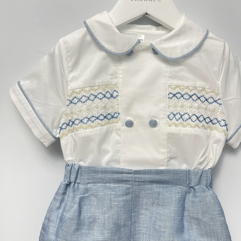 Children Boutique Clothing Boy Handmade Smocked Embroidered Set Blue Cotton Short Sleeves Siblings Outfit Christening Birthday