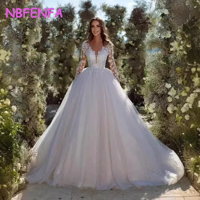 

NBFENFA Light Wedding Dress 2024 New Bride Simple Long-sleeved Trailing Wedding Dresses Sexy Deep V-neck Lace Applique Decor