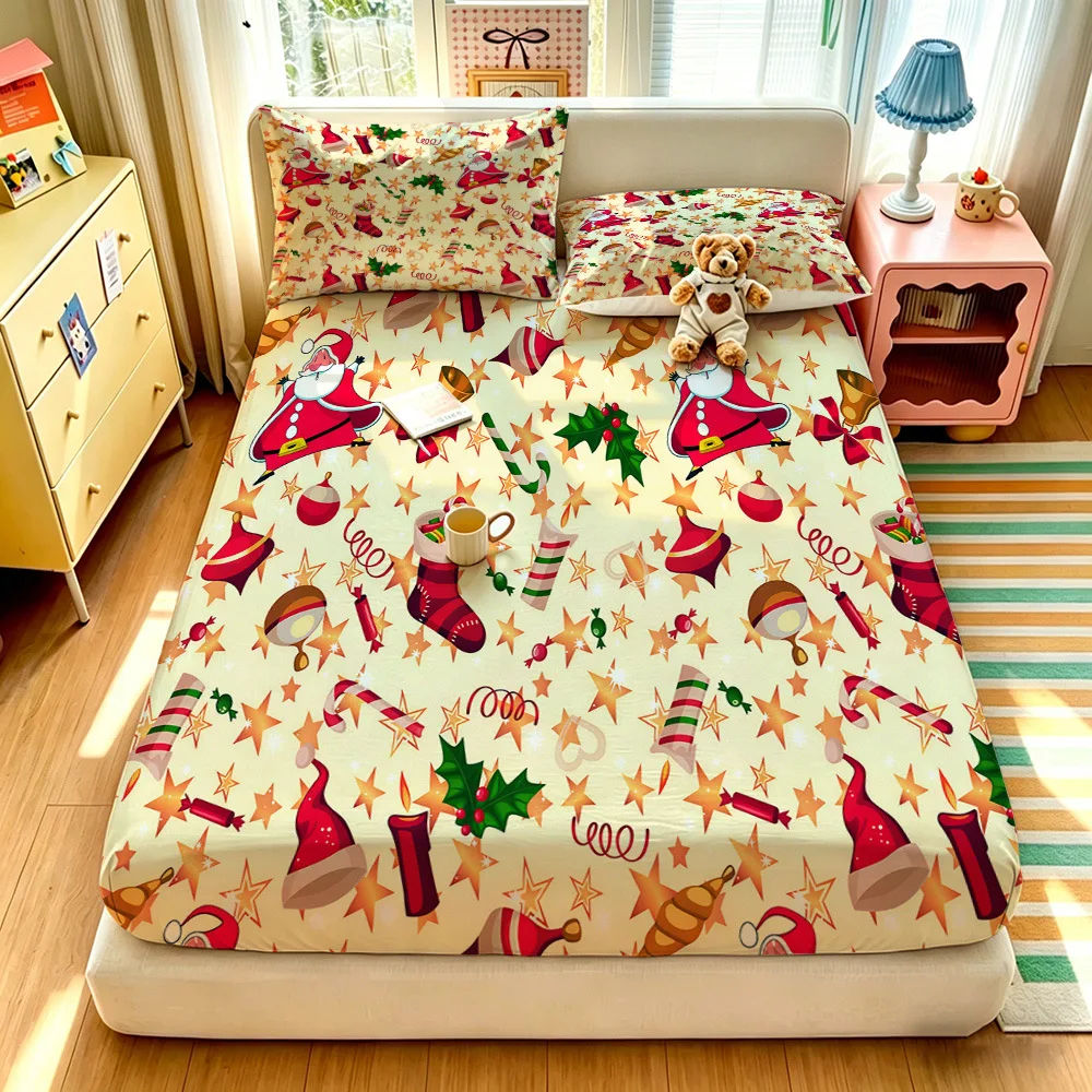 Christmas Print Fitted Sheet,Deer Christmas Tree Snowflakes pattern anti-fouling Elastic bed sheet Fitted Sheet und Pillowcase