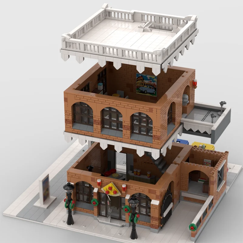 ตัวต่อ Moc Building Bricks ชุดหมู่บ้านฤดูหนาว - ร้านพิซซ่าและศิลปะ ชุดตัวต่อโมเดลเทคโนโลยีเมือง วิวถนนเมือง ของเล่นตัวต่อ