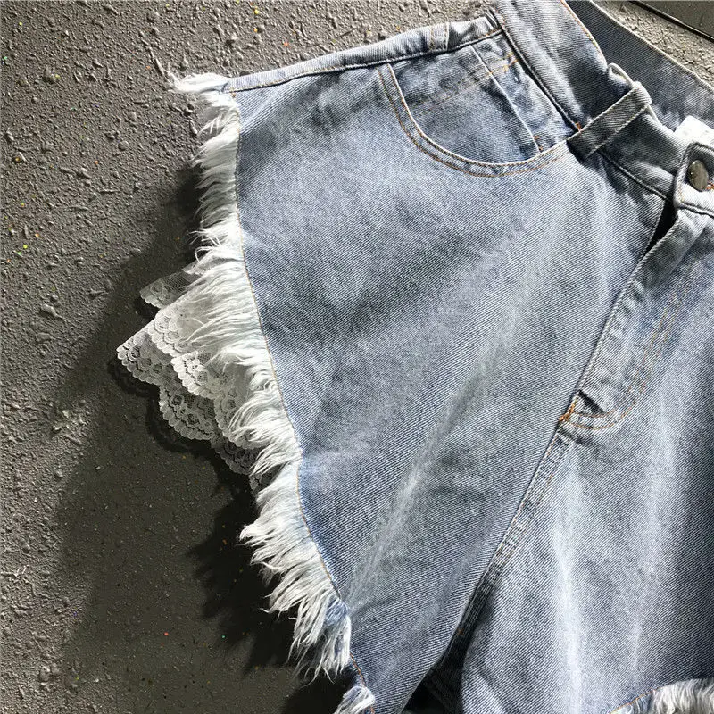 ใหม่กางเกงยีนส์ celana pendek DENIM สำหรับผู้หญิงกางเกงขากว้างแบบหลวมพู่ลูกไม้ Femme แฟชั่นสตรีทแวร์