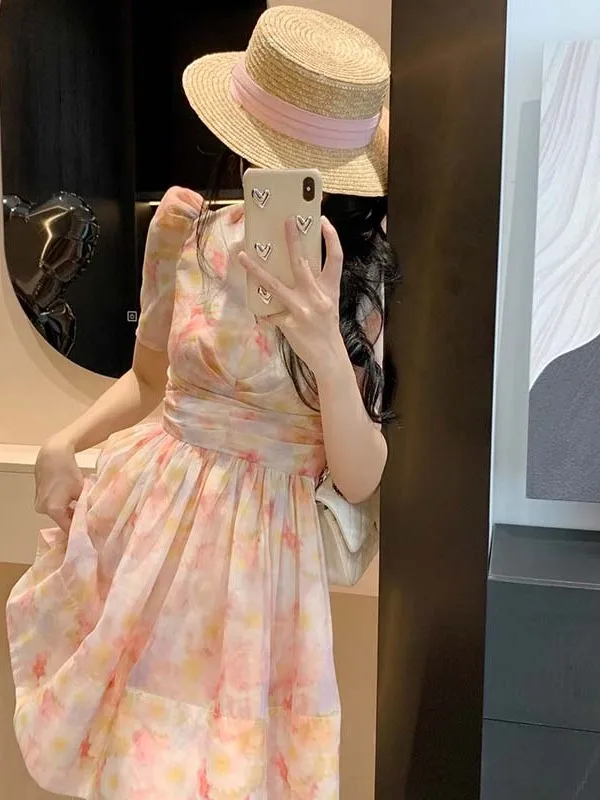 Floral Print Dr with  Waist-Cinching Ele Sweet Youthful Summer New Arrival A-Line Skirt High Waist Polyester Fabric