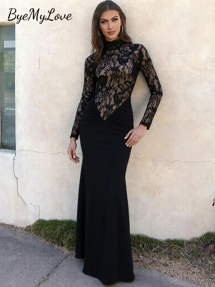 ByeMyLove Spitzen-Maxikleid für Damen, Spitze, sexy, langärmelig, Stehkragen, Rollkragenkleid, schlankes Abendkleid, lange Kleider