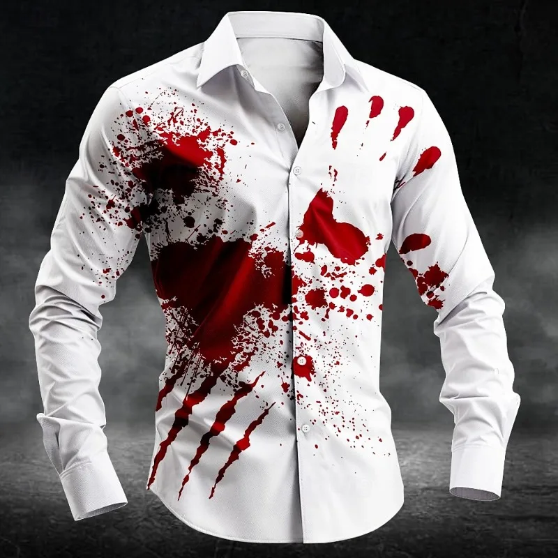 

2025 Halloween Men's Letter Printed Blood Stains Shirt Button Up Shirt Long Sleeve Dark Punk Gothic Style Streetwear Men's Tops