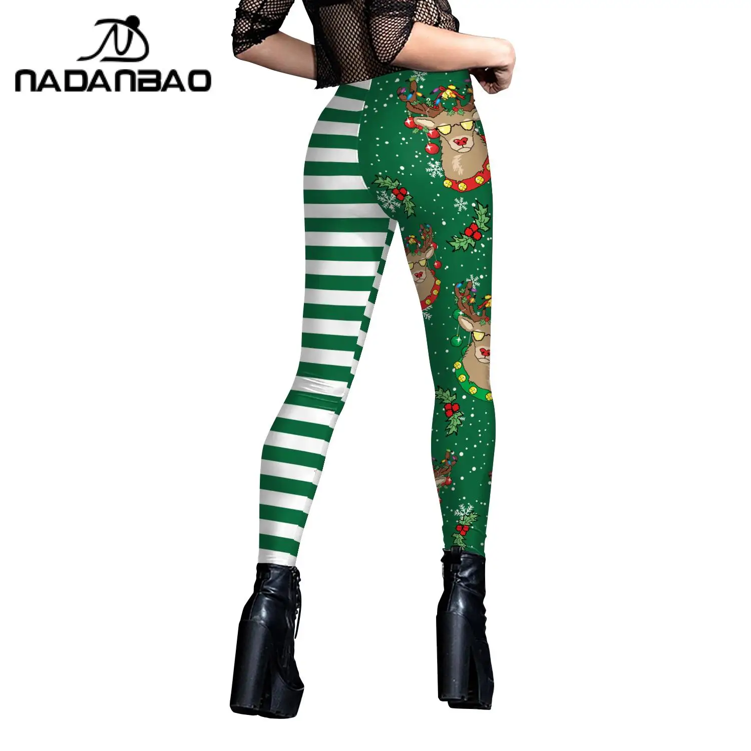 Nadanbao Red Plaid Women Leggings Christmas Party Tights Black Green Red Stripes Elk Print Pants Fashion Streetwear Xmas Gifts