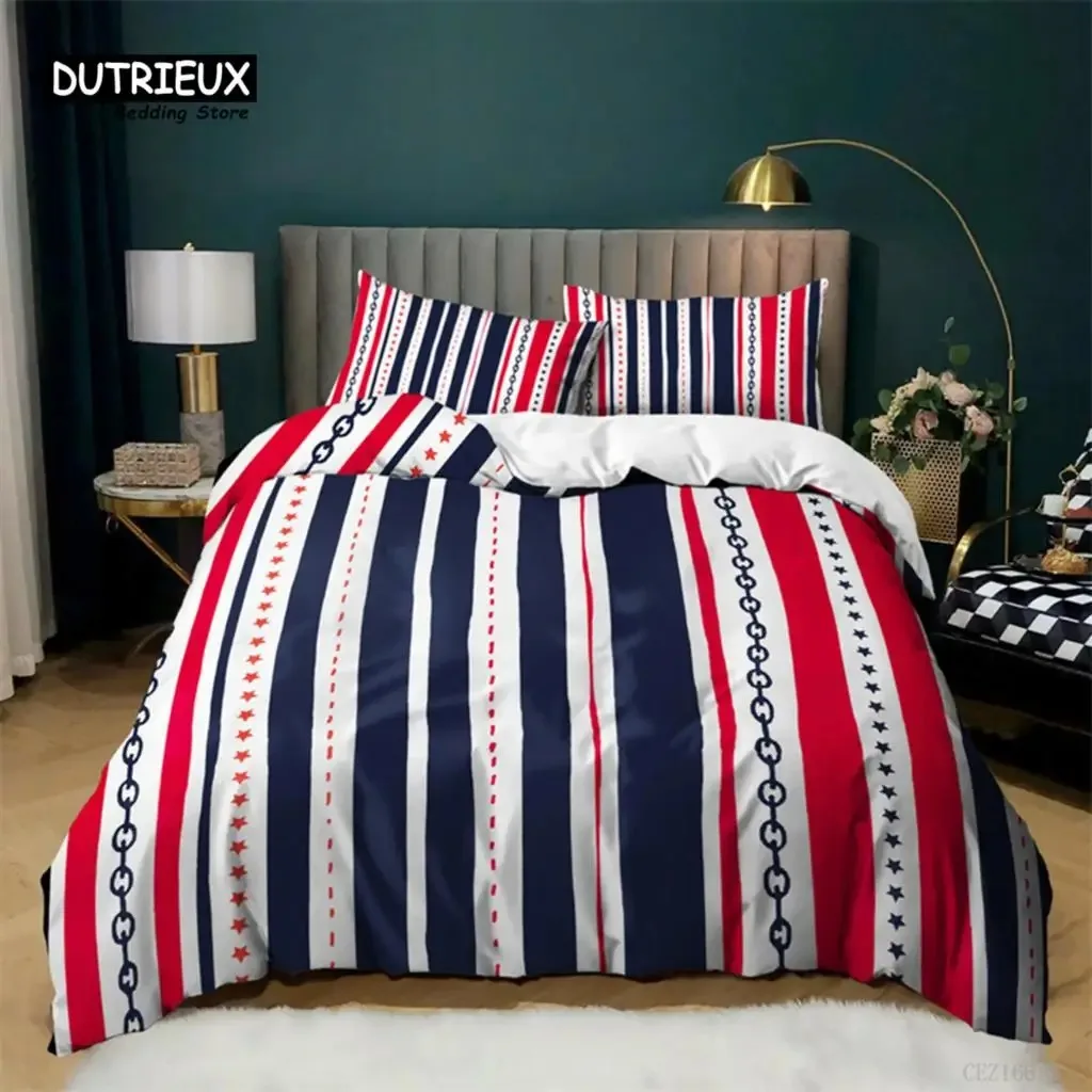 National Flag Bedding Set Queen Size Microfiber Geometric Stripe American Flag Print Duvet Cover With Pillowcases Bedroom Decor