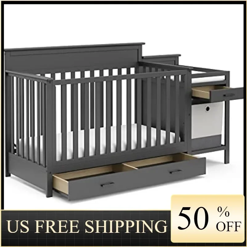 

Storkcraft Arizona 4-in-1 Convertible Crib and Changer (Gray) – Crib and Changing-Table Combo with Drawer, Converts to Toddler