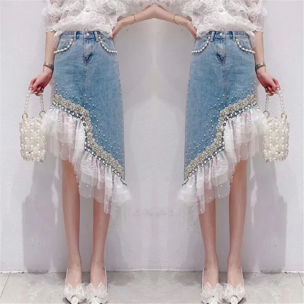 

Heavy Industry Pearl beading Lace Splicing Irregular Hem jean Skirt Women Summer Korea Fashion Denim Skirt Designer High Quality