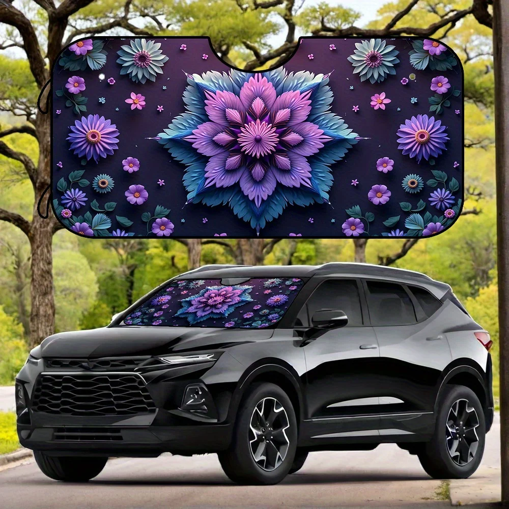 1pc Bohemian Mandala Car Sun Shield - Vibrant Purple & Blue For Lotus Design, Heat Blocking Polyester Fabric With Suction Cups,