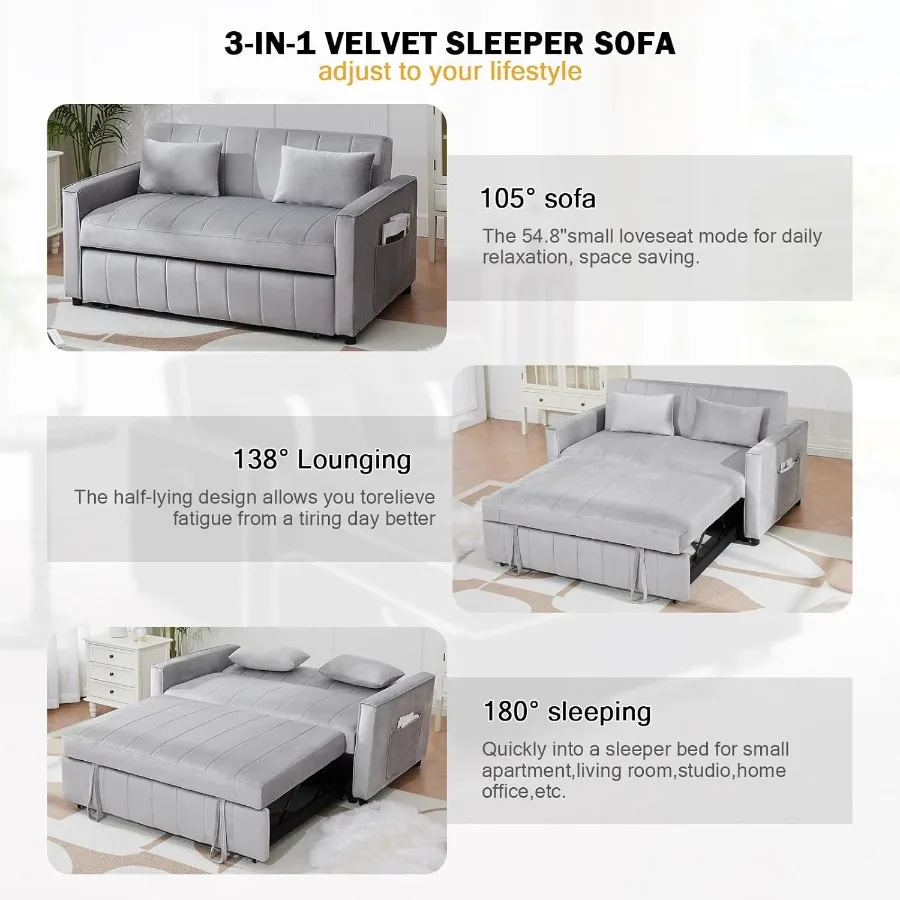 55.51 أريكة سرير قابلة للتحويل 3 في 1 أريكة نوم مع أريكة مخملية قابلة للسحب مع مسند ظهر قابل للتعديل وجيب جانبي 2 وسائد Mod