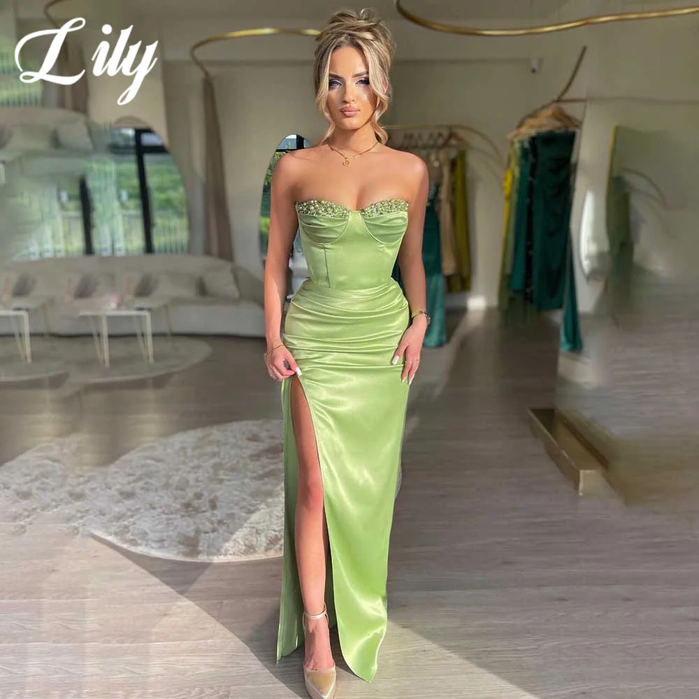 

Lily Green Chic Woman Evening Dress Gown Mermaid Sexy Split Sweetheart Beaded Night Dress Gown with Pleats Satin robes de soirée