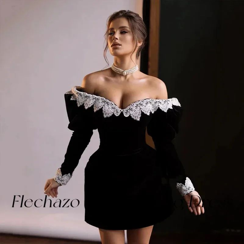Flechazo Black Short Evening Dresses Off Shoulder Lace Above Knee Formal Party Homecoming Dress For Women 2026 vestidos de gala