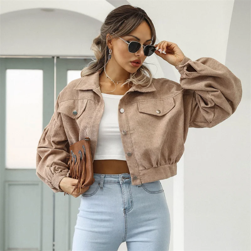 

2022 New Women Jacket Autumn Winter Short Coats Single Breasted Corduroy Turm-down Collar Women Clothing Lantern Sleeve Jackets