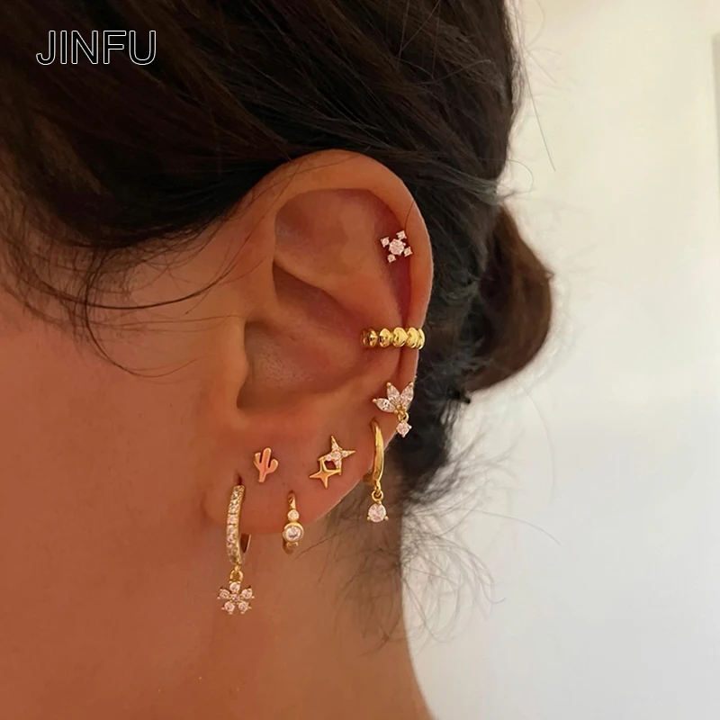 JINFU Gold Plated Hoop Stud Dangle Earrings For CZ Zircon Women Boho Style Piercing Women's Earrings Set 2023 Jewelry Wholesale