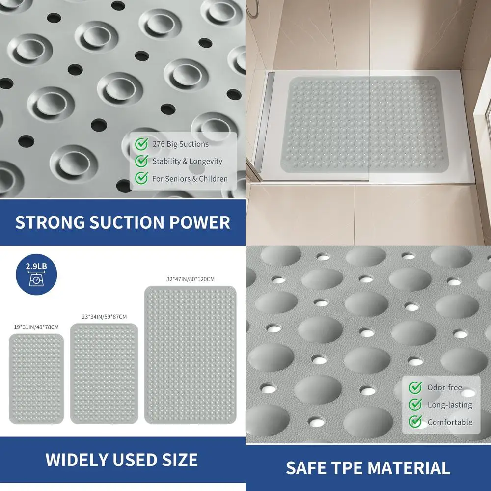 

Non-Slip Shower Mat 34x23 for Walk-In Stalls with Drain Holes and Suction Cups, Ideal for Elderly and Kids - Dark Grey