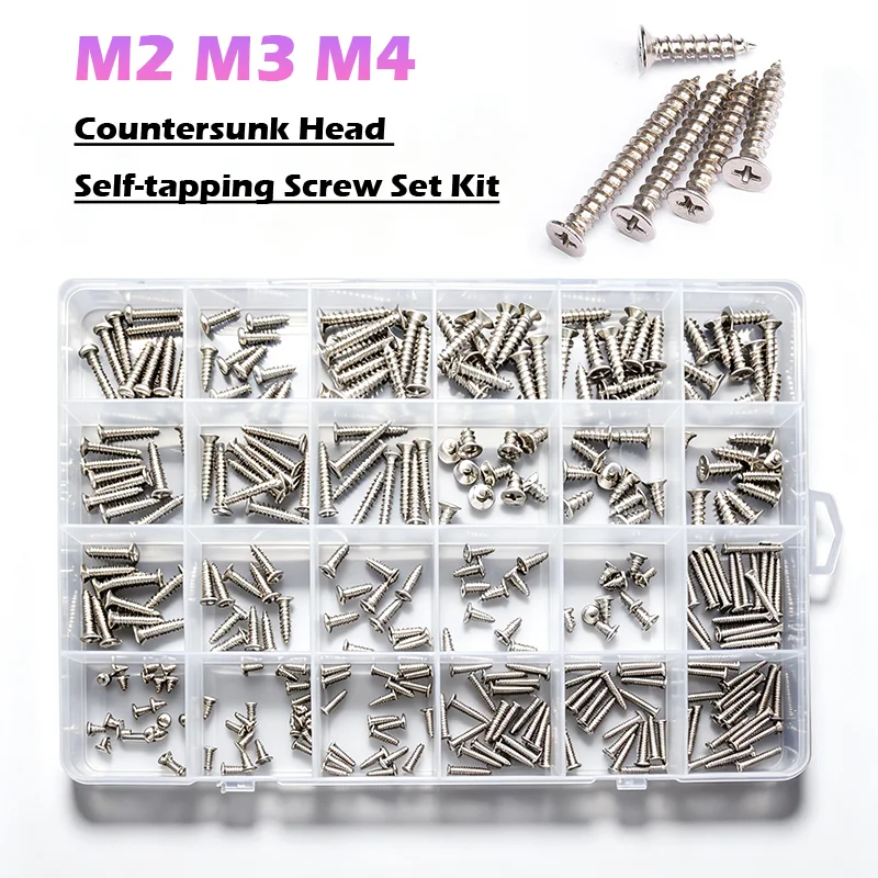 M2 M3 M4 Phillips Flat Head Self Tapping Screws Assortment Kit Nickel Plated Carbon Steel Screws Kit Cross Wood Screws DIY Set