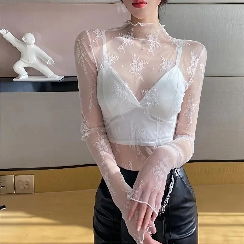 New Y2K Elegant Lace Sheer Mesh T-Shirt Women's High Neck Long Sleeve Transparent Base Layer Tee Sexy Casual Innerwear Tops