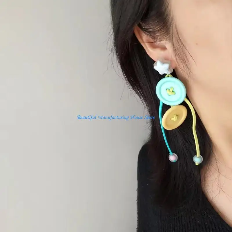 

E56A Modern Dopamine Button Dangle Earrings Lightweight Acrylic Tassels Jewelry Gift