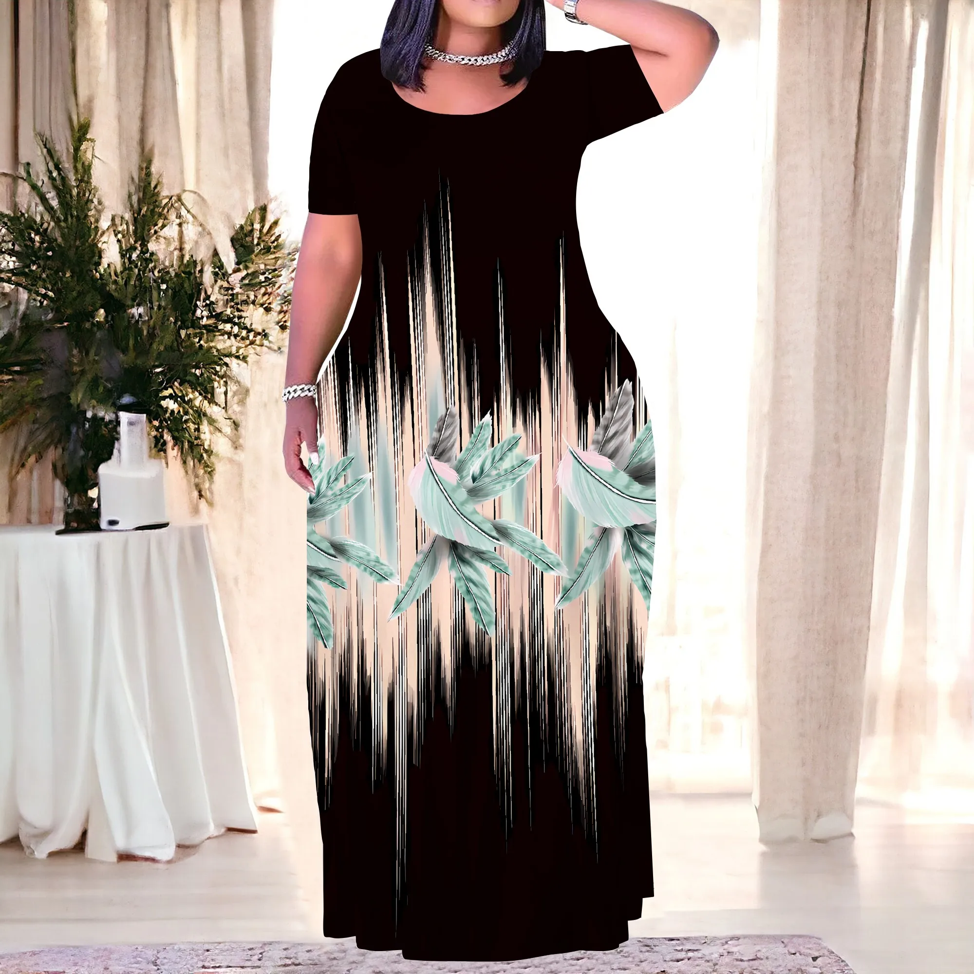 

Plus Size Maxi Summer Dress for Women Vacation Outfits Round Neck Long Loose Maxi Dress