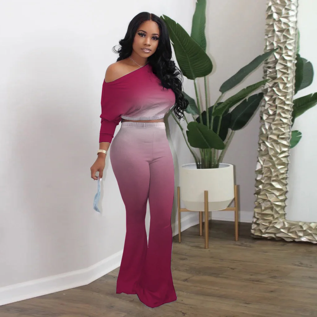 M3023 European and American Cross-Border Women's Clothing Amazon Aliexpress Off-Shoulder Slanted Shoulder Gradient Pure Color Bell-Bottom Pants Two-Piece Set